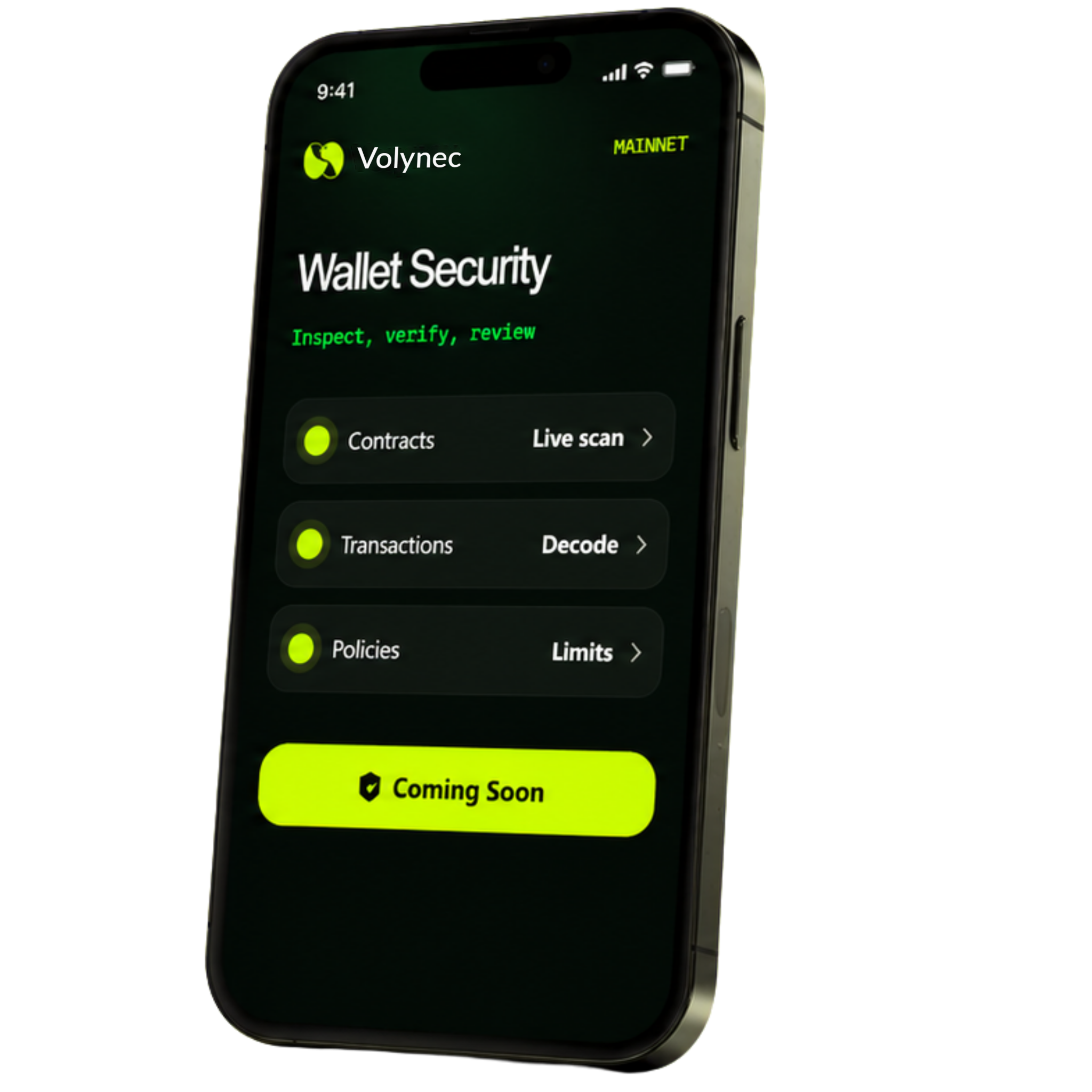 Realistic Volynec mobile app mockup showing a wallet security screen on a modern smartphone.