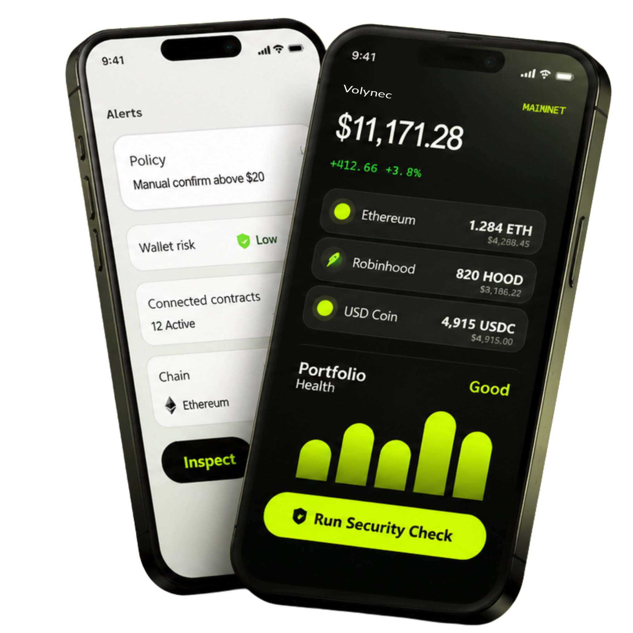 Realistic Volynec mobile app mockup showing alerts and wallet security screens on two smartphones.